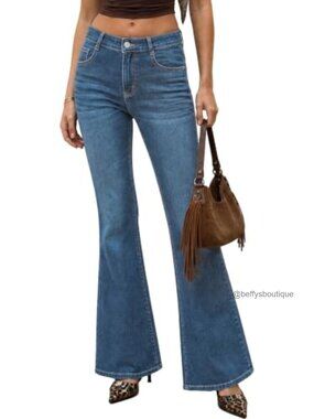 High Waisted Stretchy Flare Jeans Bell Bottom Knit Denim Pants
